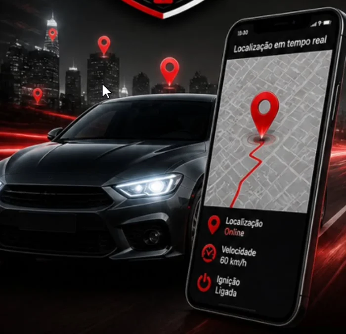 Composição ilustrativa de carro e celular com marcador de localização